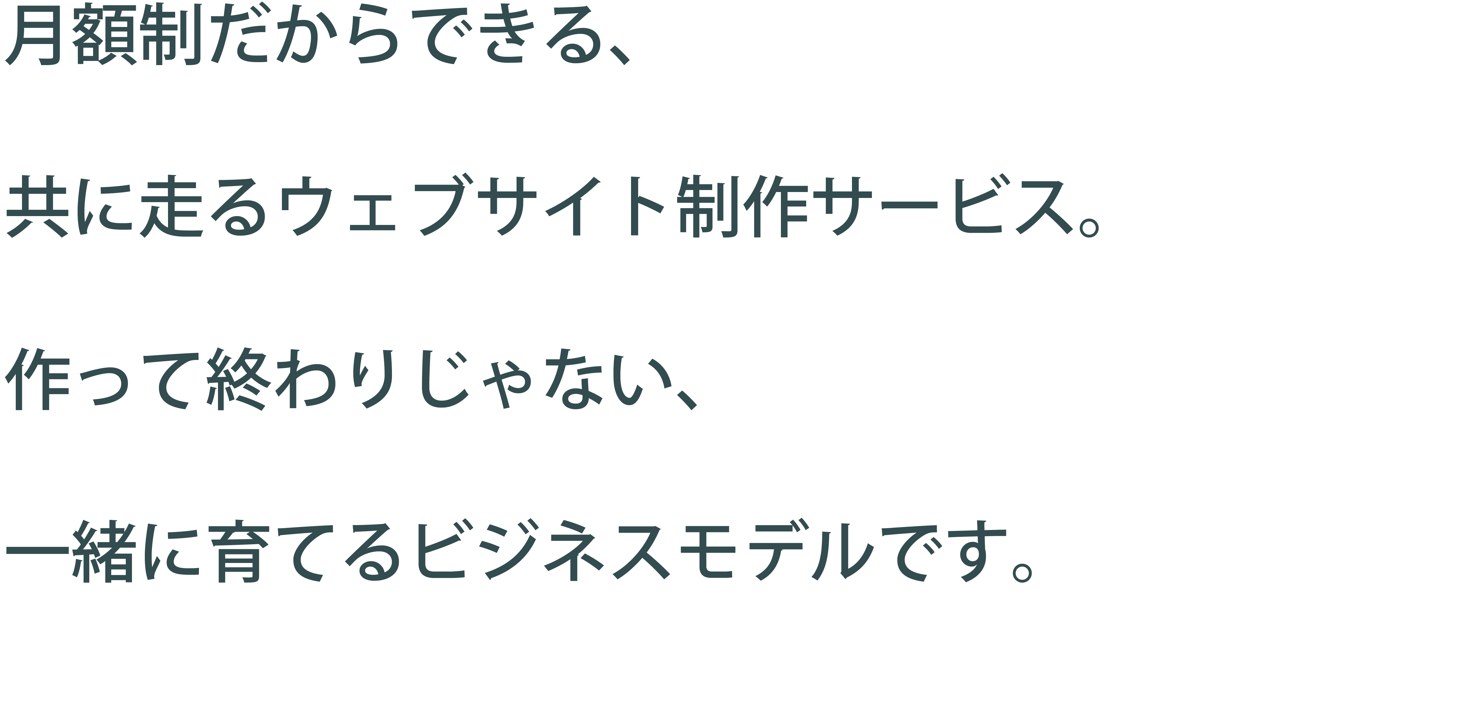 月額制だからできる、共に走るウェブサイト制作サービス、作って終わりじゃない、一緒に育てるビジネスモデルです。